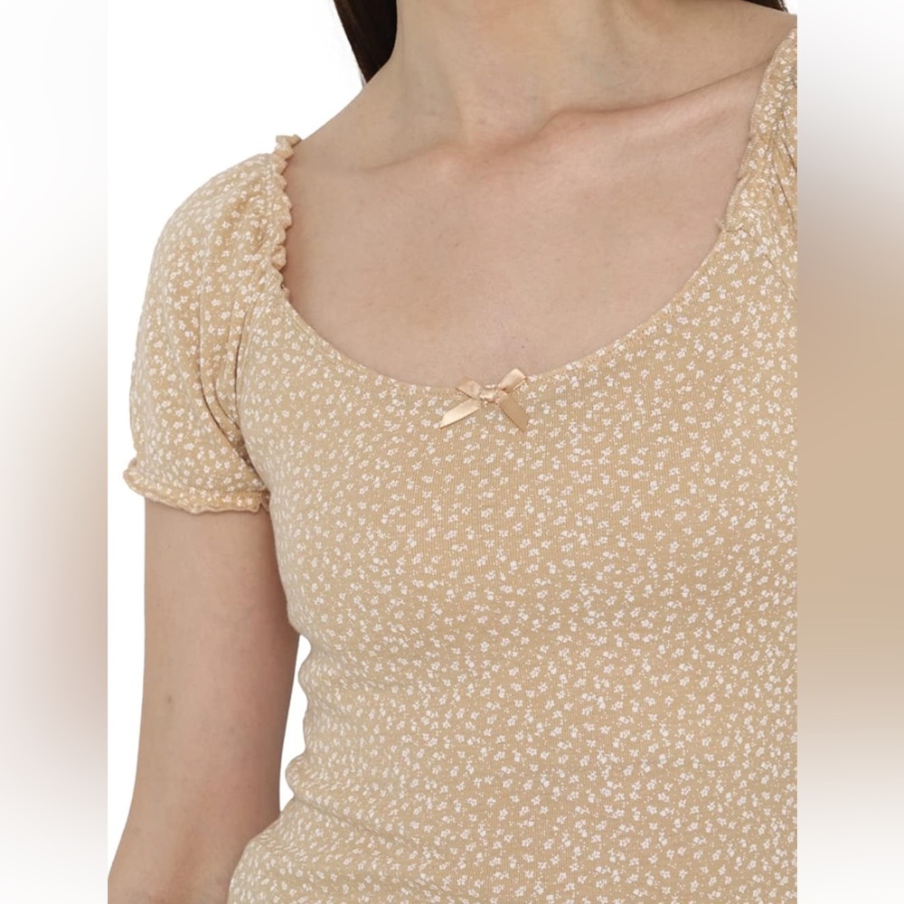 American Eagle Women Beige Puff - Sleeve Tee